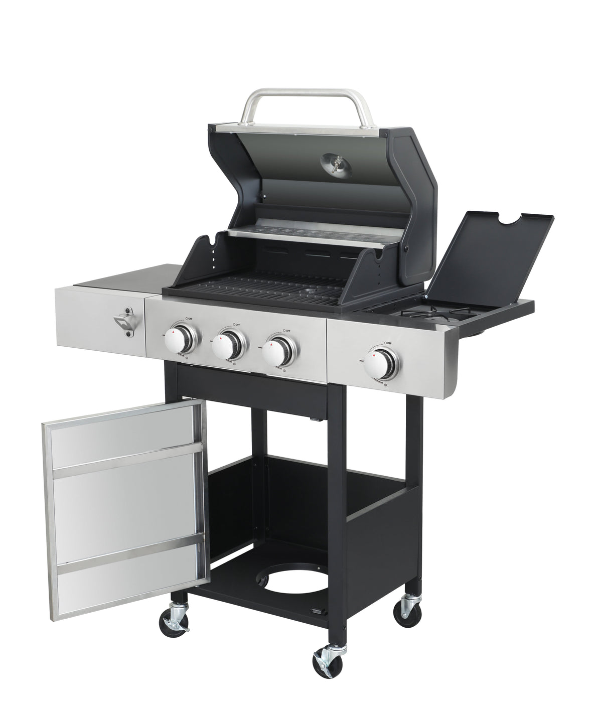 3 Burner Propane Gas Grill, 40000 BTU Stainless Steel BBQ Grill with Side Burner, Enameled Cast Iron Grates, Lockable Wheels, Outdoor for Patio Backyard Garden Camping, Black