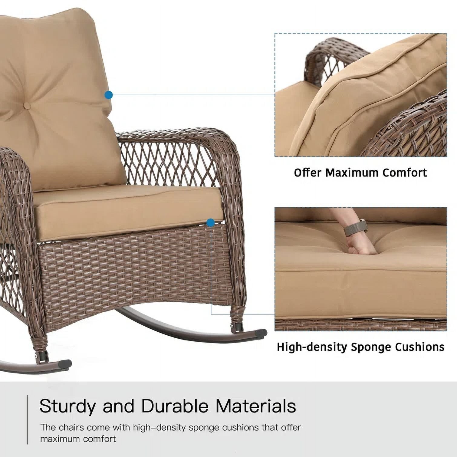 MRUAKA Outdoor Rocking Chairs Set of 3, Wicker Patio Furniture for Porch (Beige)
