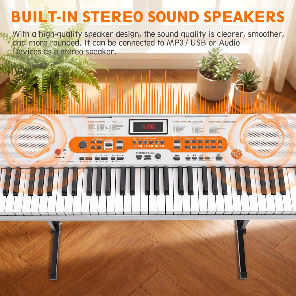 61 Key Lighted Keyboard Piano for Beginners with Stand, Bench, Microphone, Headphone & Built-In Speakers – White Electric Piano