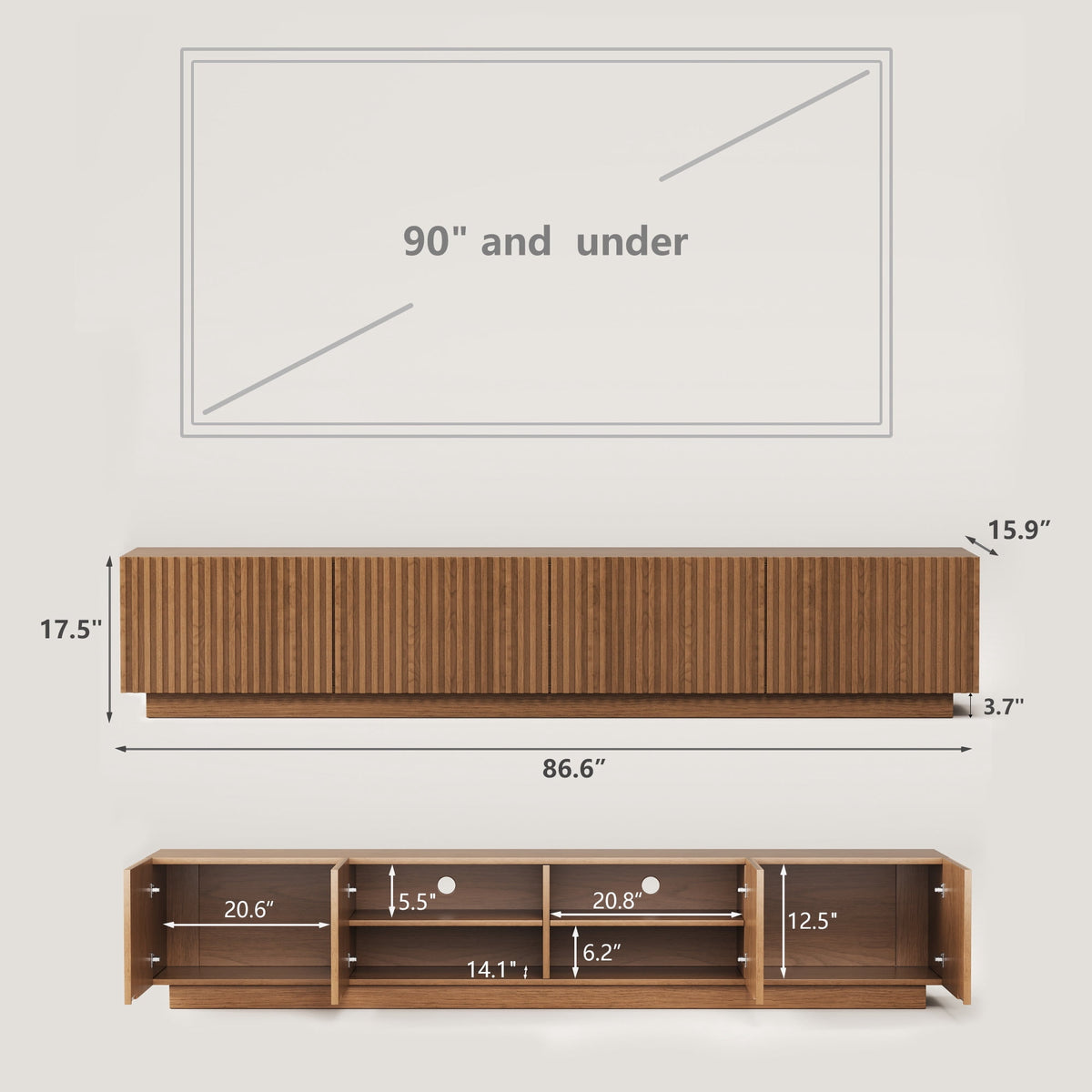 86.61" Mid-Century Modern TV Stand for TVs up to 85", Sturdy Living Room Furniture Media Console with Large Storage Space, Entertainment Center for Living Room and Bedroom, Walnut