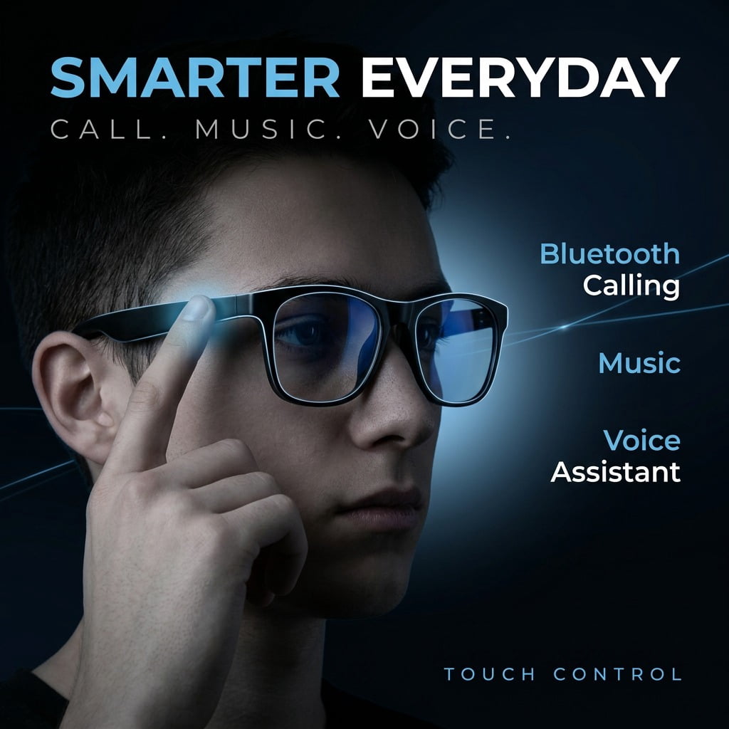 Bluetooth Smart Glasses Open Ear Audio Sunglasses with Touch Control Stereo Sound Hands Free Calls Voice Assistant Extended Standby for Sports Cycling Driving Outdoor Gift