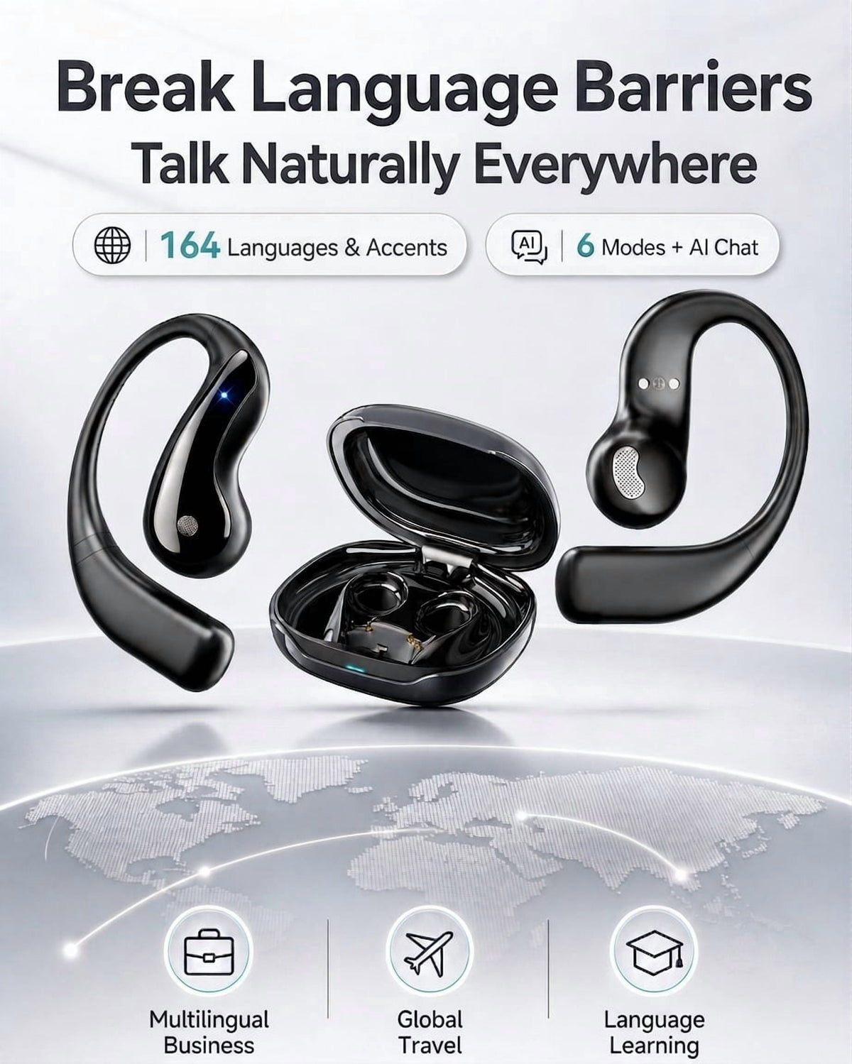 AI Translation Earbuds Real Time, 164 Language Translator Earbuds, 4-in-1 Bluetooth Earbuds Pro, Open-Ear Translator headphones with No Subscription , 60H Playtime for Travel Work Learning