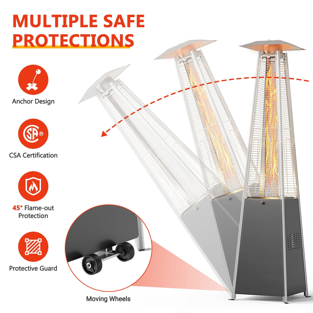 Patio Heater for Outdoor Use, 48,000BTU Powerful Pyramid Heater with Stable Base, Outdoor Porch Yard Propane Heater with Quartz Glass Tube for Fire, Dia 10FT Heating