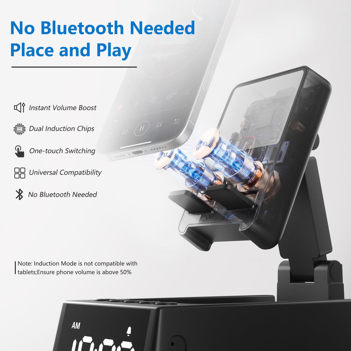 Wireless Induction Bluetooth Speaker, Phone Stand Speaker with Digital Clock & RGB Light, HD Stereo Sound, Foldable Cell Phone Stand for IPhone Android IPad, Tech Gadget Gifts for Men Women Teens