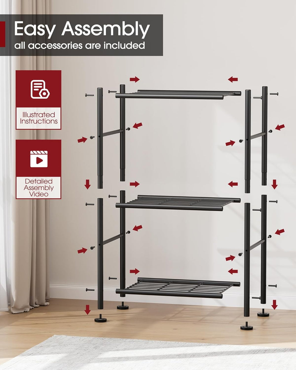 3-Tier Steel Wire Storage Rack Organizer, Compact Metal Shelving Unit for Kitchen, Garage, 15.94" L x 10.03" W x 26.77" H, Black