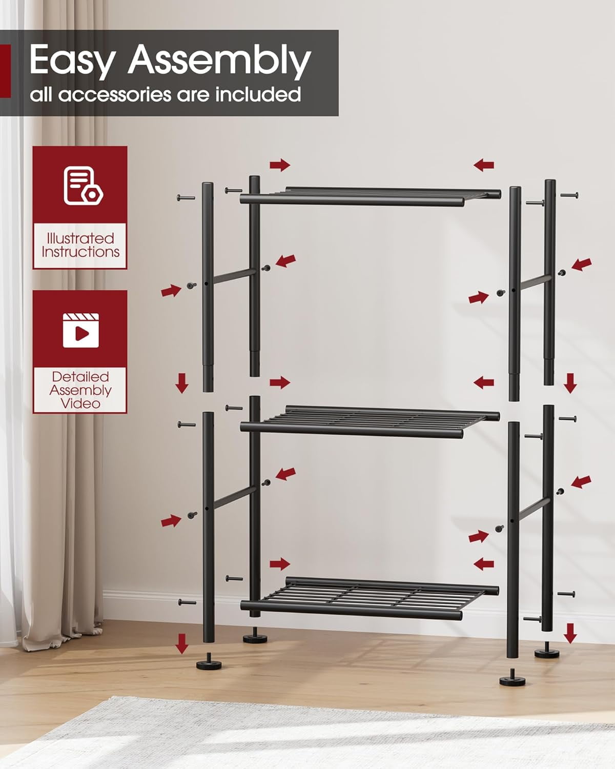 3-Tier Steel Wire Storage Rack Organizer, Compact Metal Shelving Unit for Kitchen, Garage, 15.94" L x 10.03" W x 26.77" H, Black