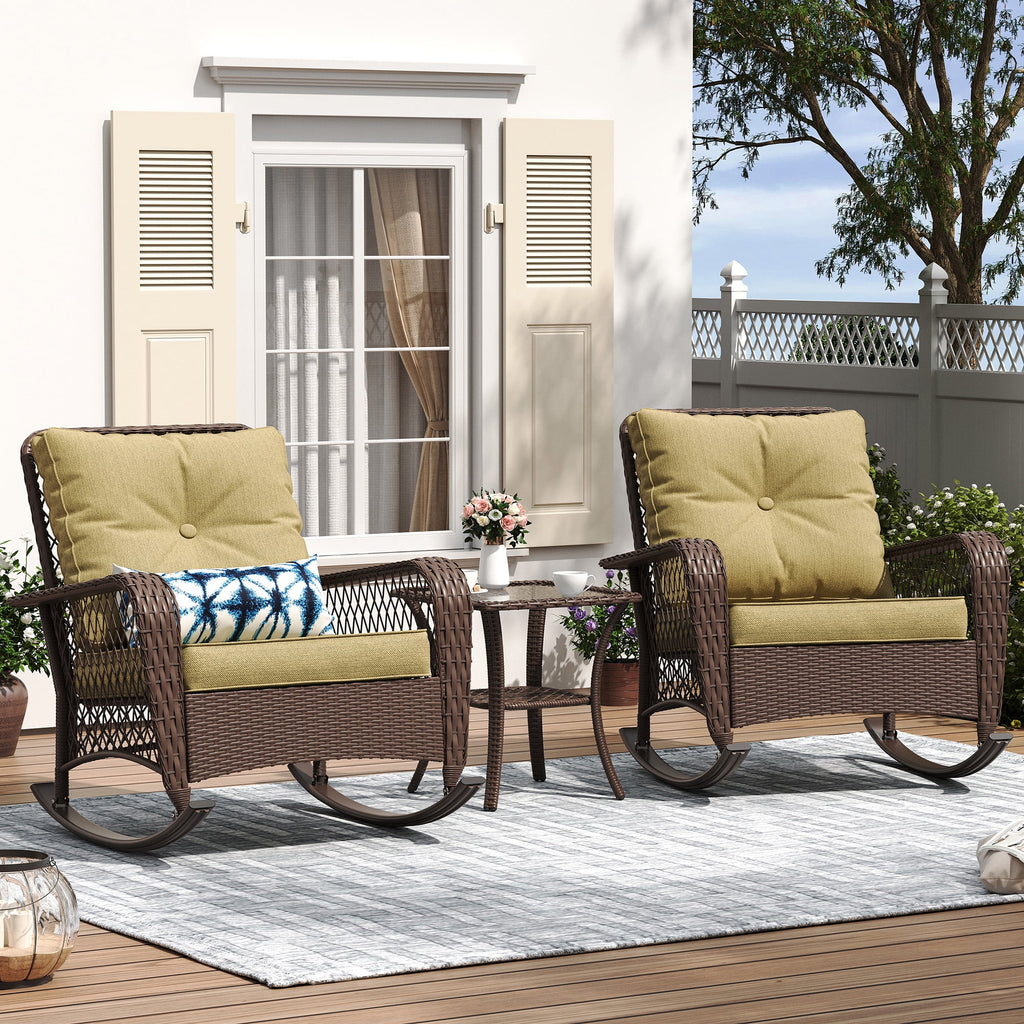 MRUAKA Outdoor Rocking Chairs Set of 3, Wicker Patio Furniture for Porch (Beige)