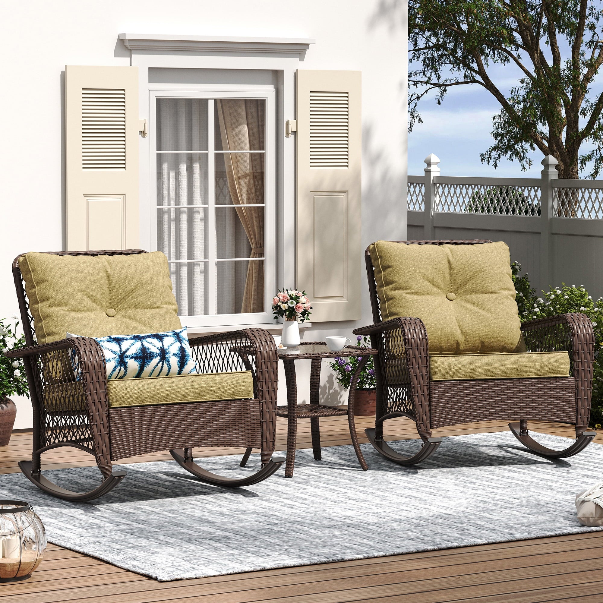 MRUAKA Outdoor Rocking Chairs Set of 3, Wicker Patio Furniture for Porch (Beige)