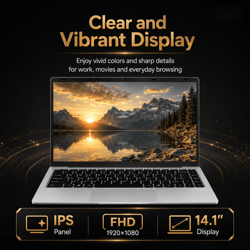 14.1-Inch Full HD Laptop, Intel N3450, 6GB Memory, 128GB SSD, Slim Portable Computer with WiFi, HDMI, Built-In Webcam, Silver