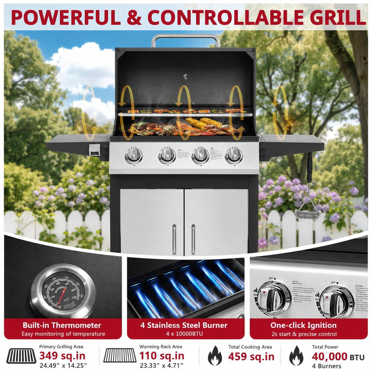 4 Burner BBQ Propane Gas Grill, Stainless Steel 40,000 BTU Patio Garden Barbecue Grill with Side Tables, Built-in Thermometer, 4 Universal Wheels for Outdoor Cooking Patio Backyard