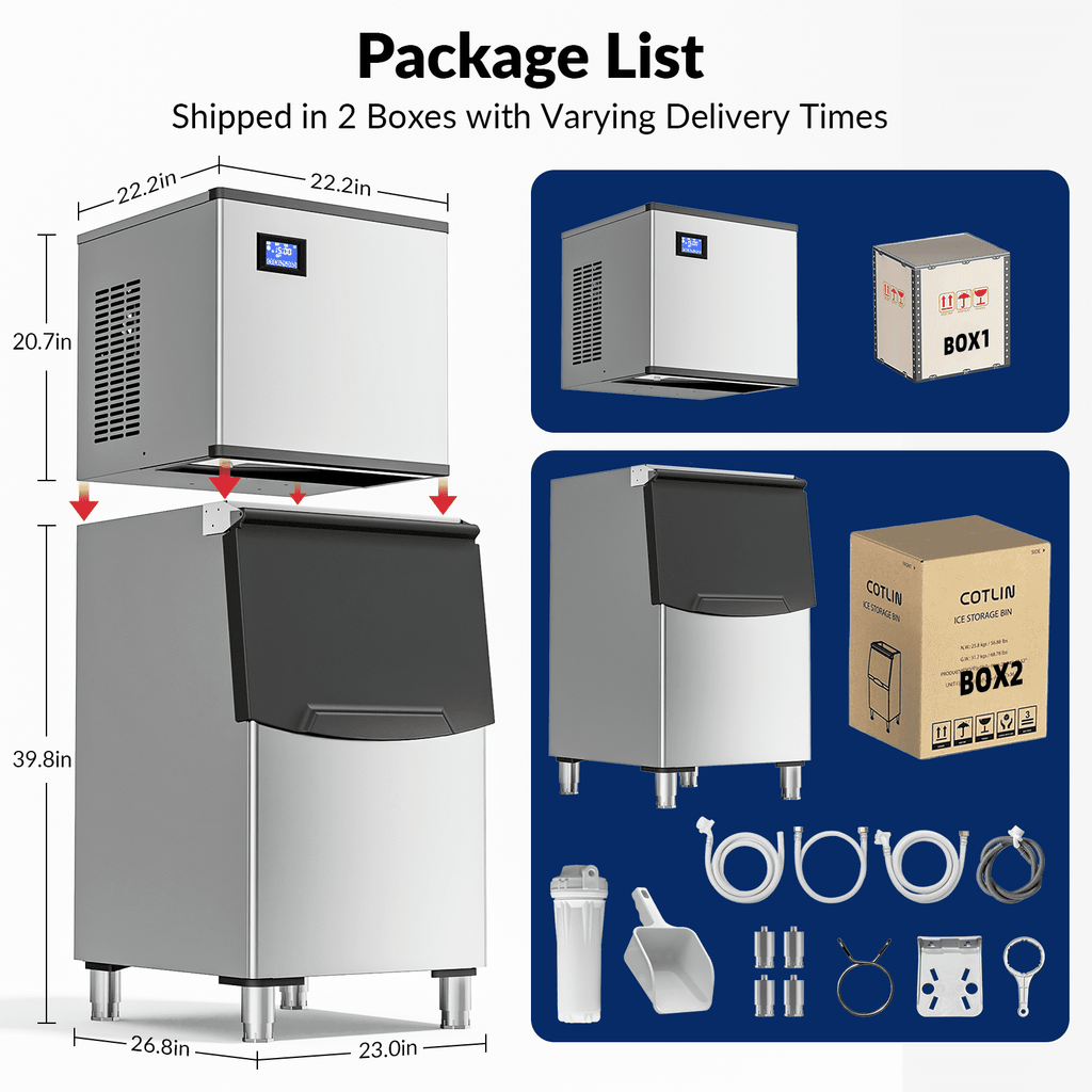 Split Commercial Ice Maker Machine 650LBS/24H with 350lbs Ice Bin, Nugget Ice Makers Commercial, Clear Cube Pellet Ice Maker, Fast Ice Maker Ice-Ready in 8-15mins