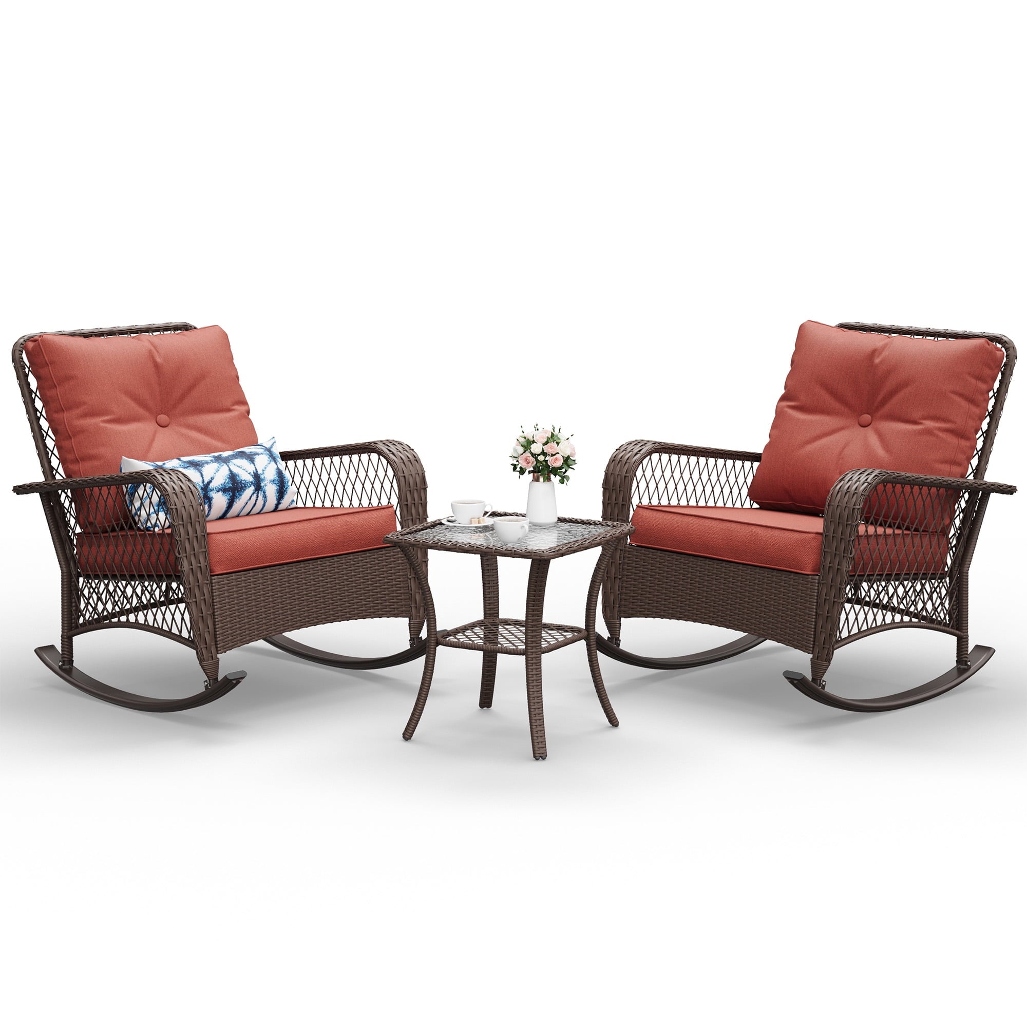 Outdoor Rocking Chairs Set of 3, Wicker Patio Furniture with Thickened Cushions and Table for Porch，350lbs Weight Capacity(Red)