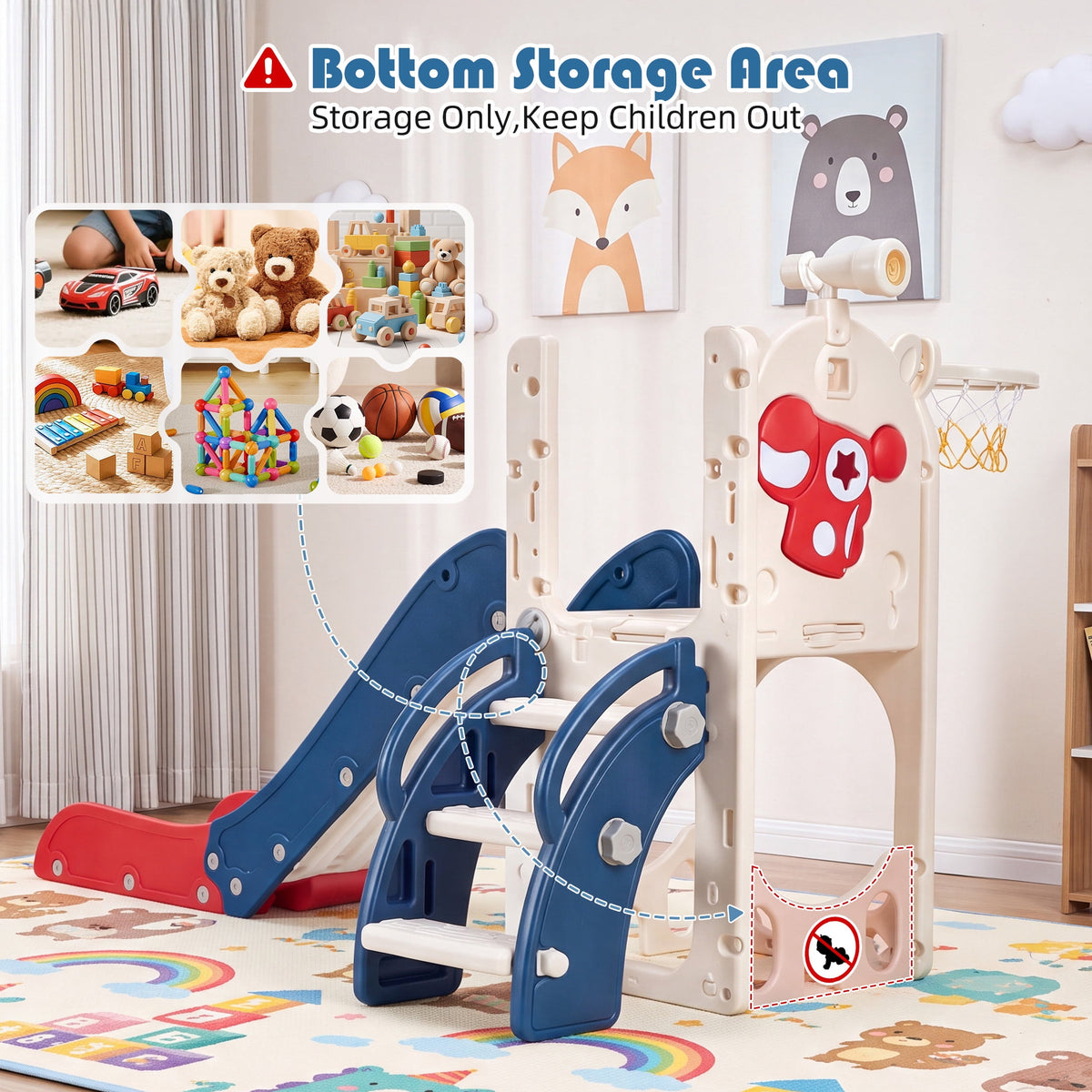 7-in-1 Toddler Slide with Climber and Basketball Hoop, Foldable Indoor Outdoor Kids Slide Playset with Golf Set