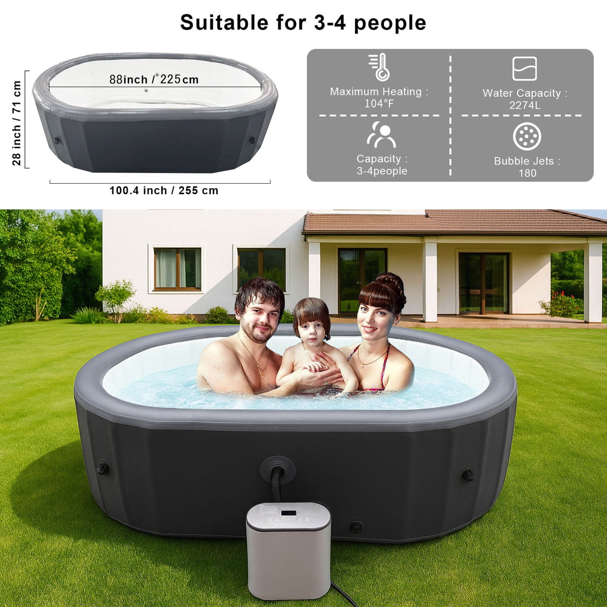4-Person Inflatable Hot Tub 180 Bubble Jets Portable Spa with Cover