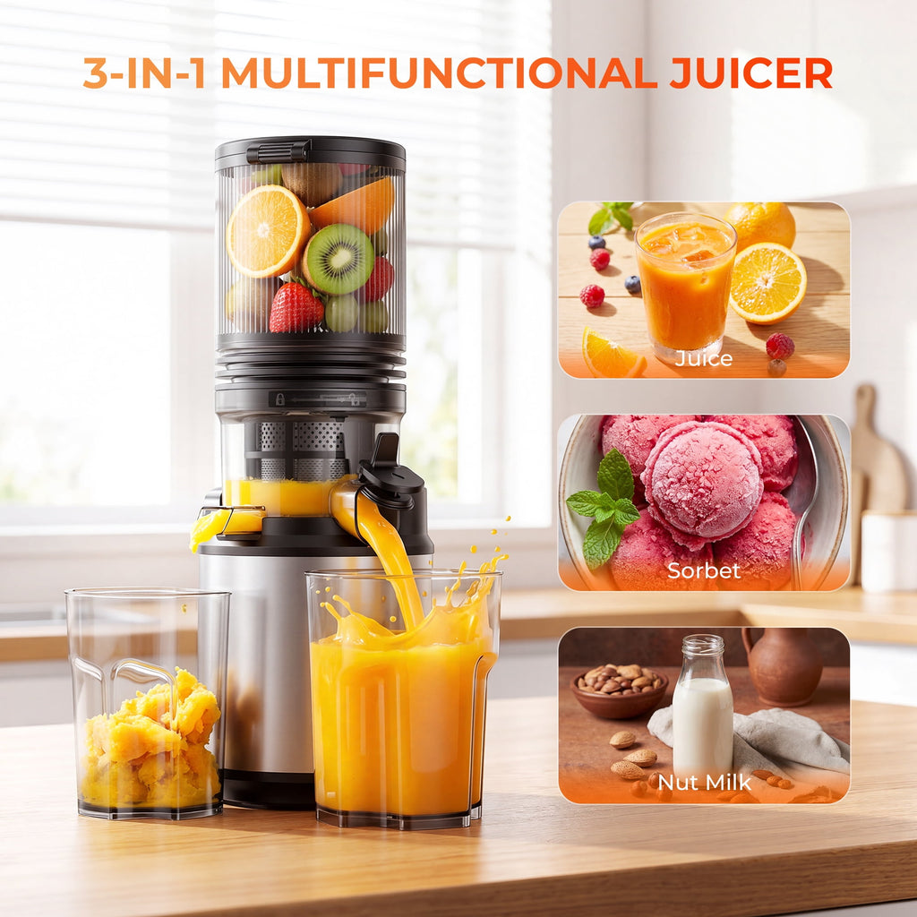 Juicer Machine,Cold Press Juicer with 5.12" Wide Feed Chute Fit Whole Fruits Vegetables, Masticating Juicer with High Juice Yield,Easy to Clean,Black