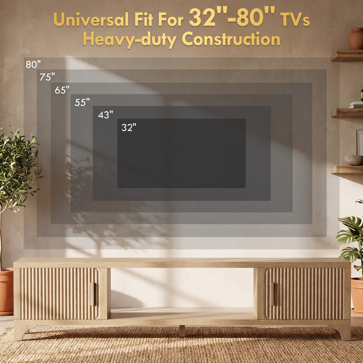 70" Wood Entertainment Center with Storage Fluted Doors, Cable Management, Holds Up to 800 lbs Mid-Century TV Stand for Living Room
