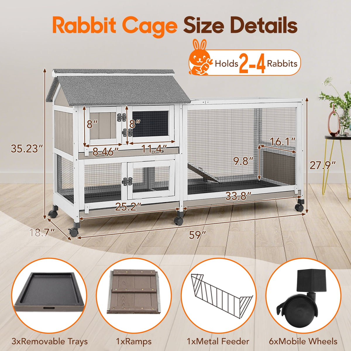 2-Story Rabbit Hutch Indoor Outdoor Wooden Cage with Wheels & 3 Pull-Out Trays