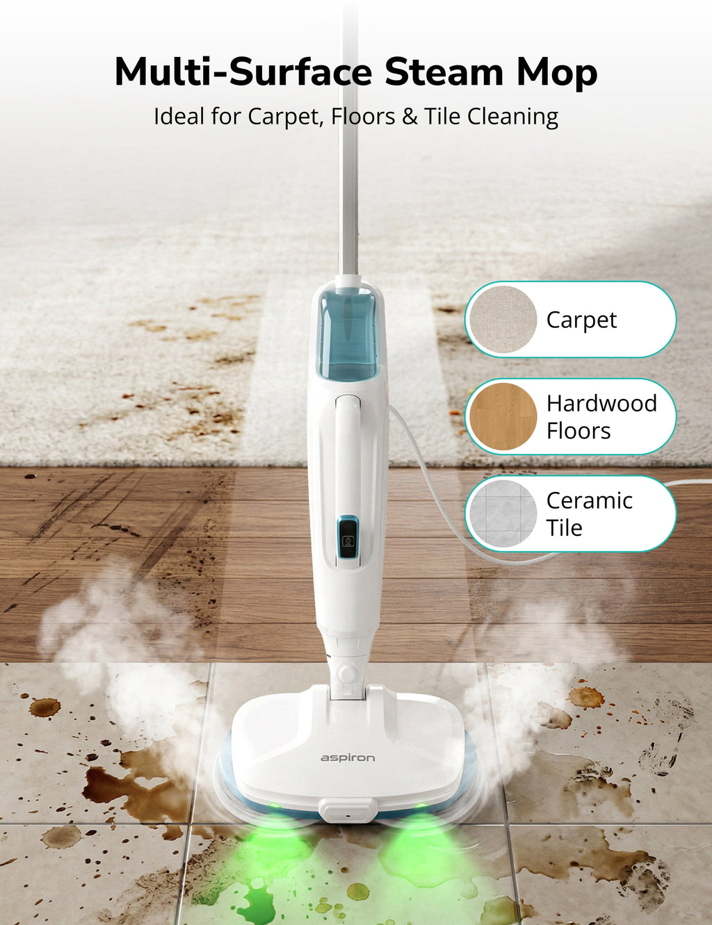 Steam Mop, 10-in-1 Steam Mop and Handheld Steamer, 15s Heat-Up, Self-Rotating Scrub Pads, 2 Steam Modes with Spray,500ML Removable Tank,LED Light,Floor Steamer for Hardwood,Tile, Carpet,Car