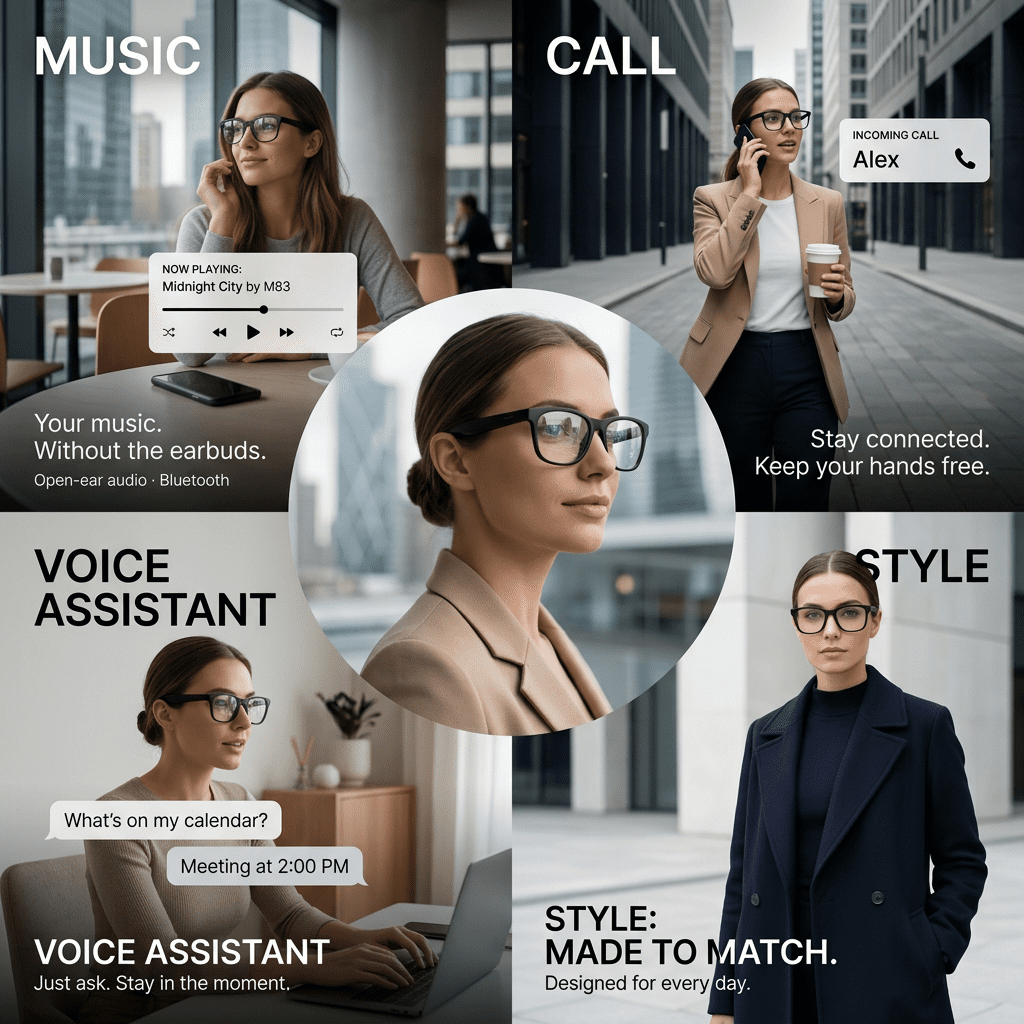 Bluetooth Smart Glasses Wireless Audio Sunglasses with Stereo Sound Touch Music Control Hands Free Calls Voice Assistant Extended Standby for Music Travel Commuting Gift