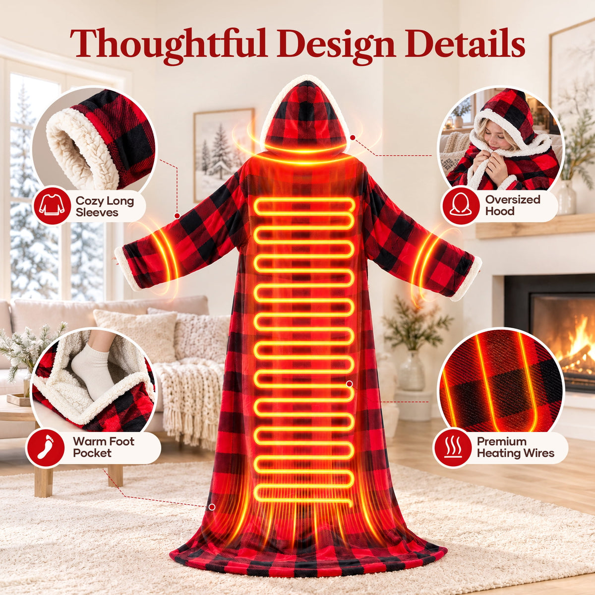Biotree Wearable Heated Blanket with Waistband, Foot Pocket and Detachable Hood - Electric Plaid Throw Blanket with 6 Heat Levels and 1-12H Auto Timer Settings -50 x 70 inch,Red