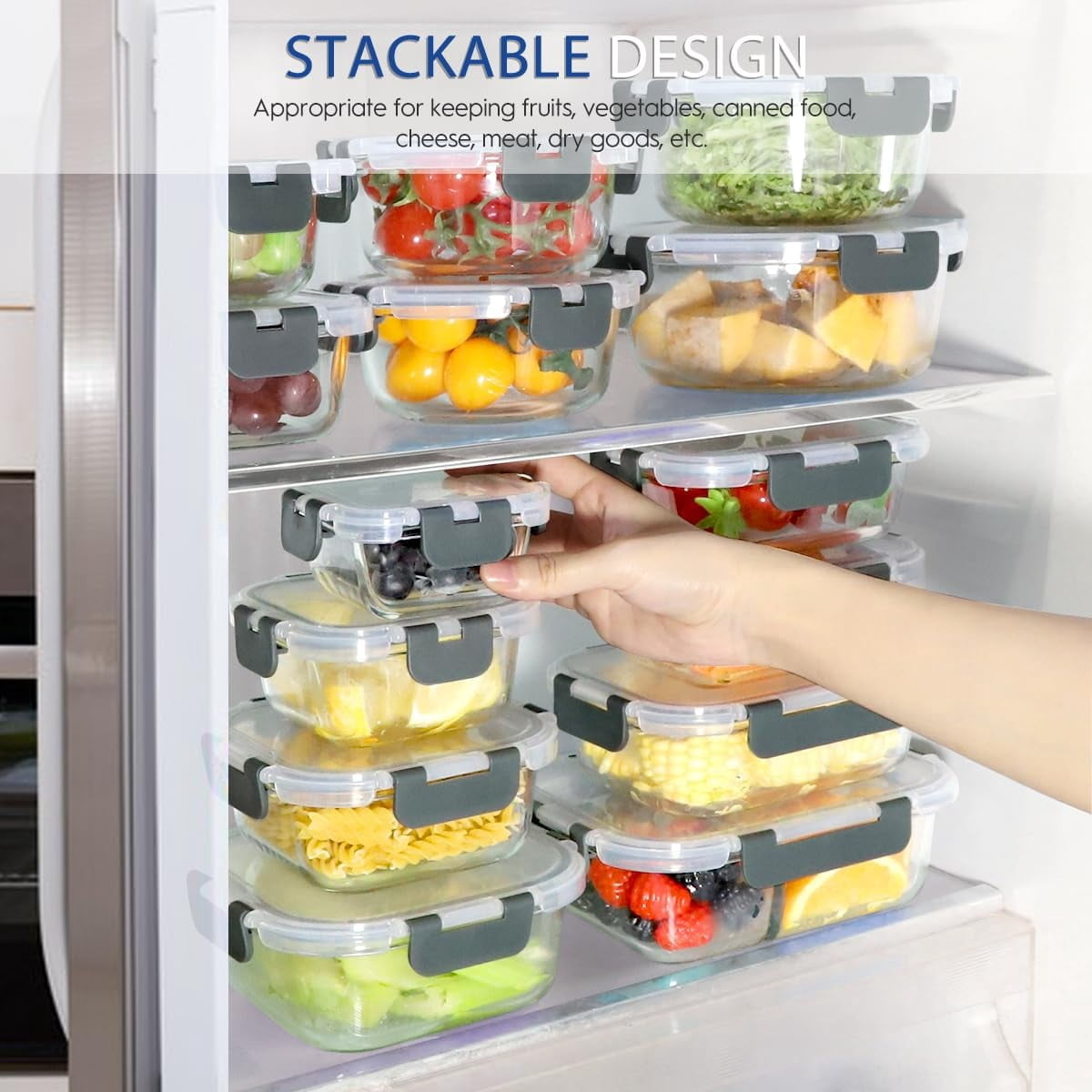 42 Pcs Glass Food Storage Containers Set with Snap Locking Lids, 21 Containers & 21 Lids, Glass Meal Prep Lunch Box Containers, Grey