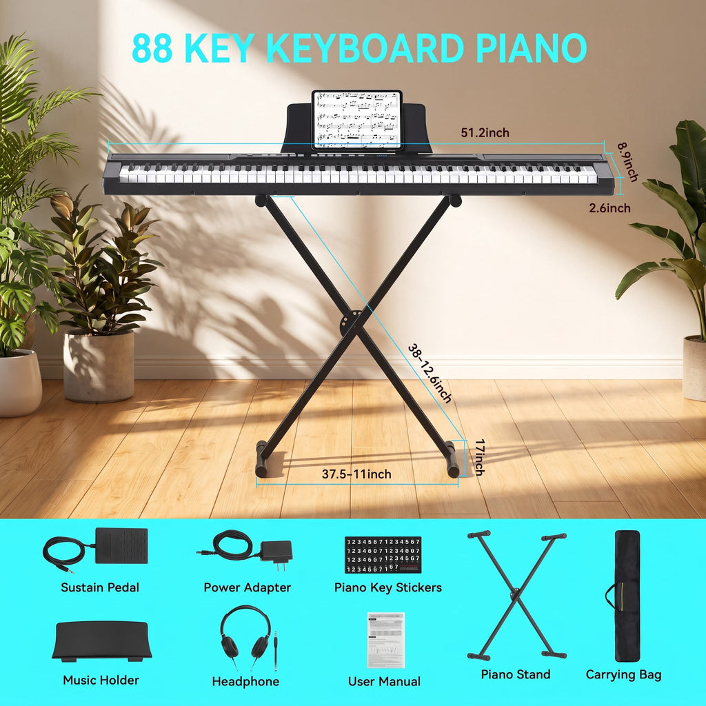 88 Key Semi-Weighted Electric Piano Keyboard with Stand, Sustain Pedal, Headphones & Carrying Case – Built-In Speakers, Bluetooth, Black