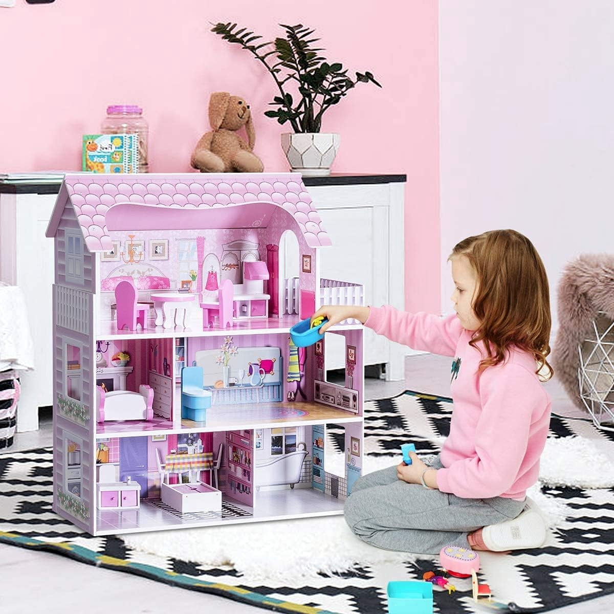 Wooden Dollhouse with warm LED Lights, 3-Story Pretend Play Doll House with 16 Furniture & Accessories, DIY Princess Playhouse, Creative Gift for Girls