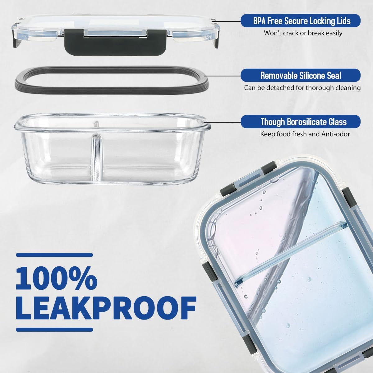 42 Pcs Glass Food Storage Containers Set with Snap Locking Lids, 21 Containers & 21 Lids, Glass Meal Prep Lunch Box Containers, Grey