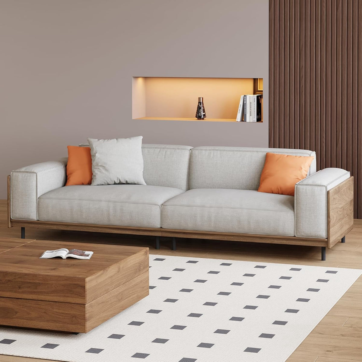 82.67" Mid-Century Modern 3-Seater Fabric Sofa Couch with Sturdy Solid Wood Frame & High-Density Rebound Foam, Upholstered Futon-Style Furniture for Living Room, Apartment, Office, Gray