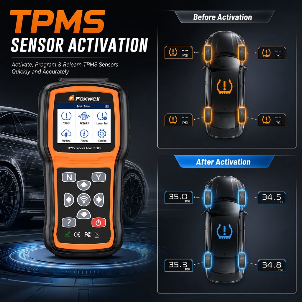 T1000 Car TPMS Reset Tire Pressure Sensor Activate Program-ming Scan Tool, Key Fob Testing, Lifetime Free Update
