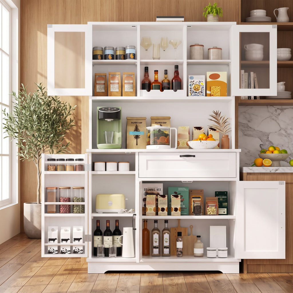 68" Farmhouse Kitchen Pantry Storage Cabinet with Doors, Shelves & Wine Rack, 7-Compartment Tall Hutch, White