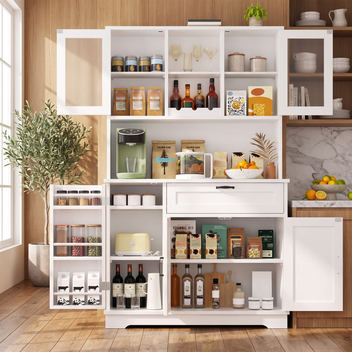 68" Farmhouse Kitchen Pantry Storage Cabinet with Doors, Shelves & Wine Rack, 7-Compartment Tall Hutch, White