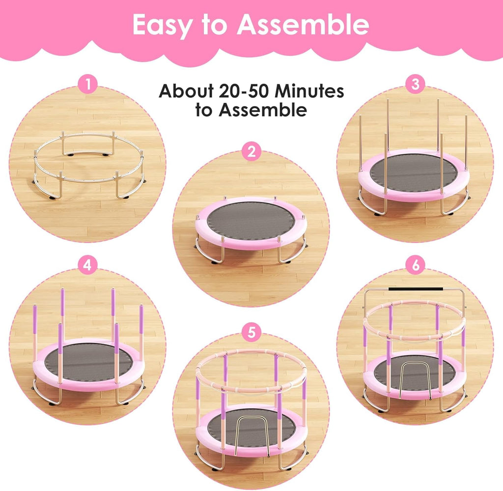 55" Trampoline for Kids with Safety Net, 3-Level Adjustable Height, 500lb Capacity Indoor & Outdoor Jumper with Basketball Hoop for Boys & Girls, Pink