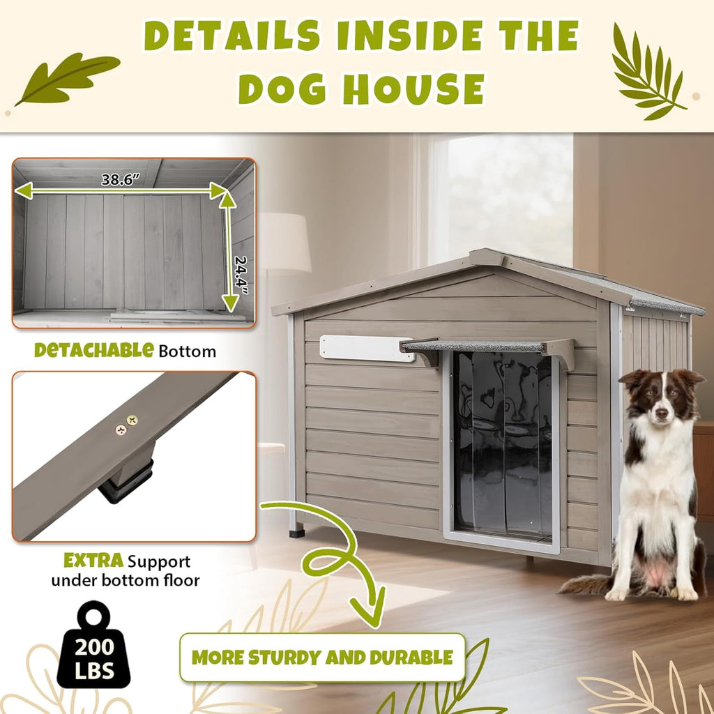 40"L Outdoor Dog House, Wooden Dog Kennel with Asphalt Roof for Medium Dog, Gray