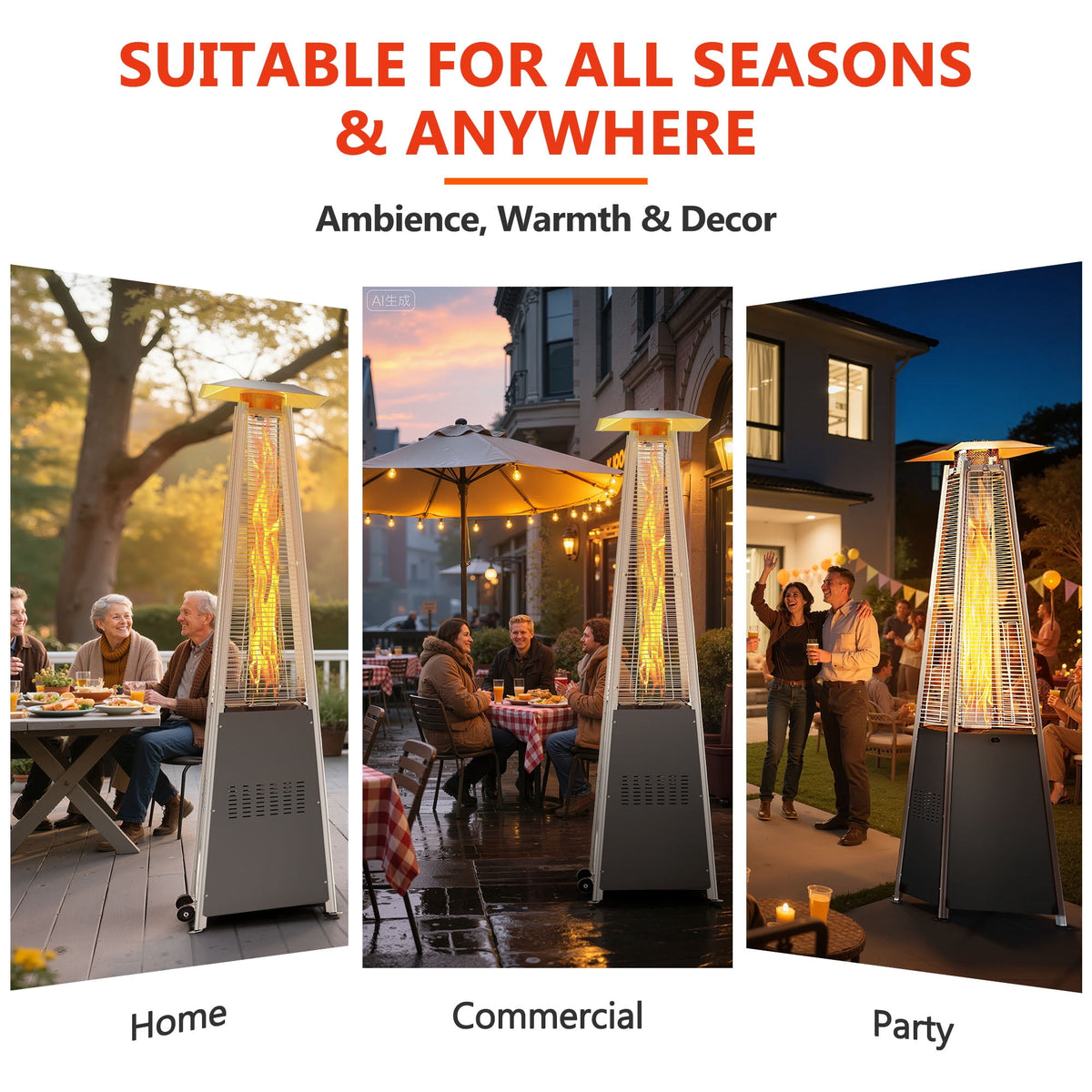 Patio Heater for Outdoor Use, 48,000BTU Powerful Pyramid Heater with Stable Base, Outdoor Porch Yard Propane Heater with Quartz Glass Tube for Fire, Dia 10FT Heating