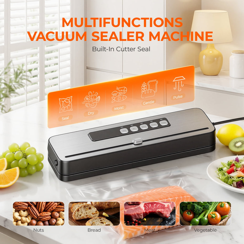 Vacuum Sealer Machine for Food with 20 Bags,60KPa Automatic Air Sealing Food Saver with Dry and Moist Food Modes,Led Indicator Lights, Easy to Clean, Compact Design