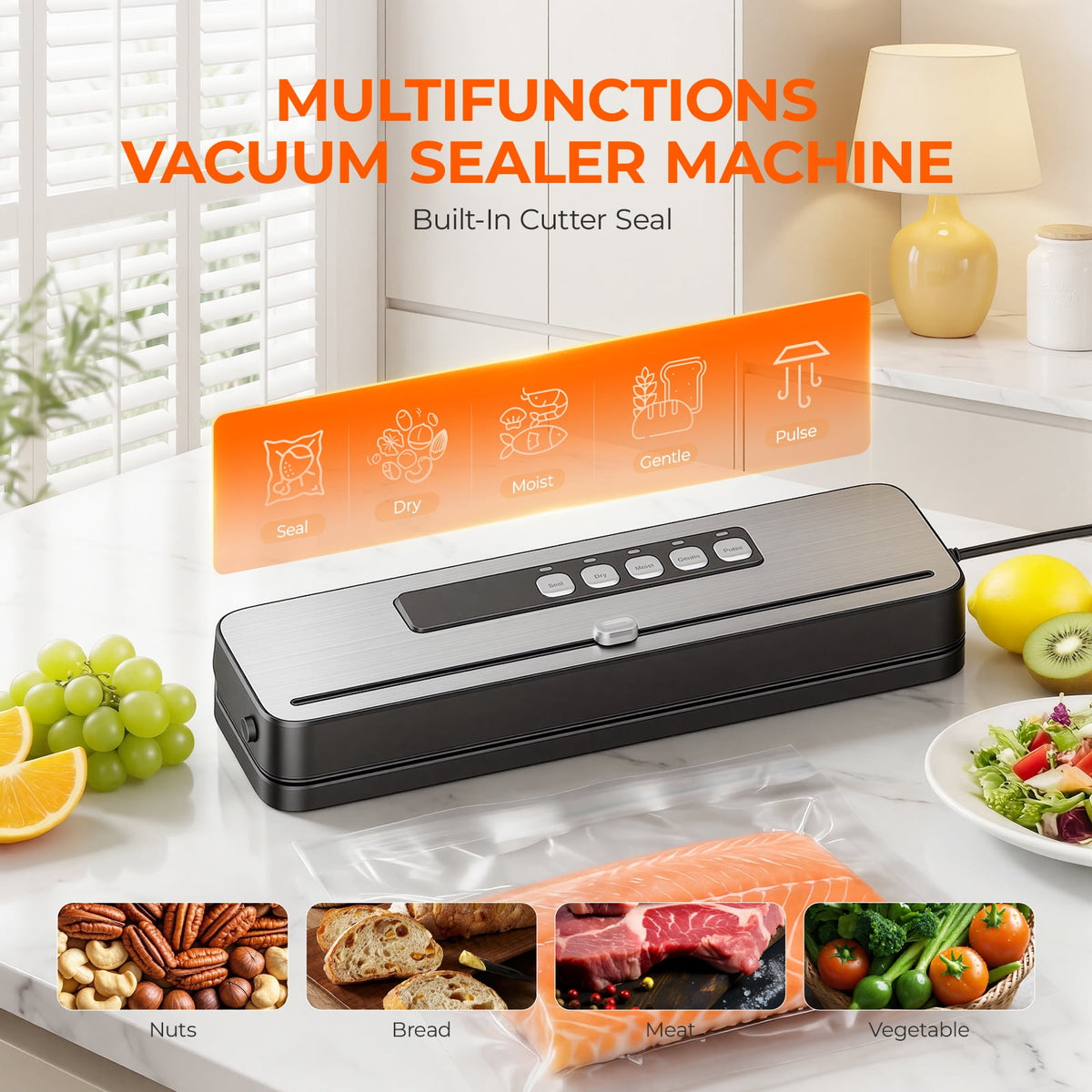 Vacuum Sealer Machine for Food with 20 Bags,60KPa Automatic Air Sealing Food Saver with Dry and Moist Food Modes,Led Indicator Lights, Easy to Clean, Compact Design