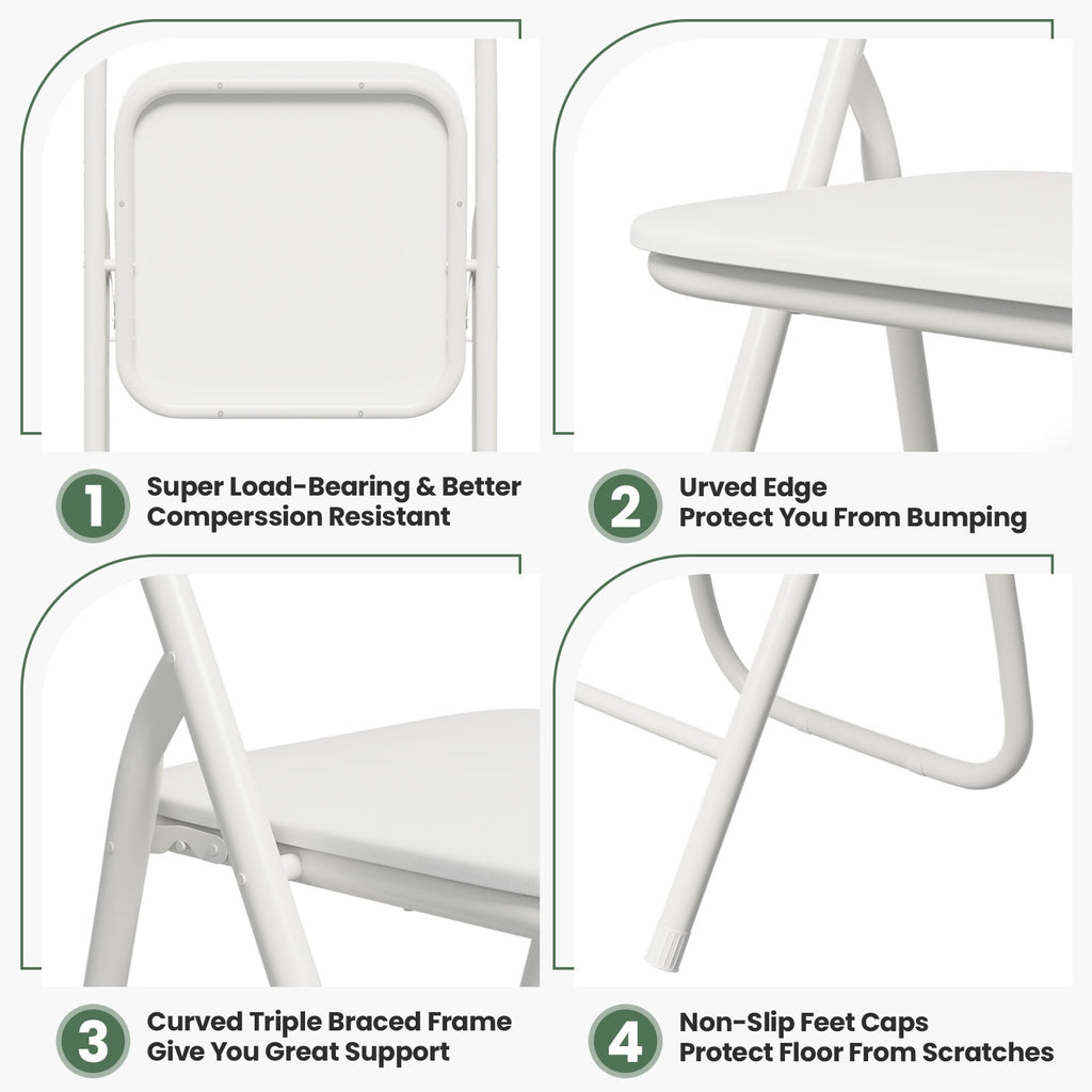 Gelloan 4 Pack Folding Chairs, Leather Padded Seat with Metal Frame Home Office Party Use,White