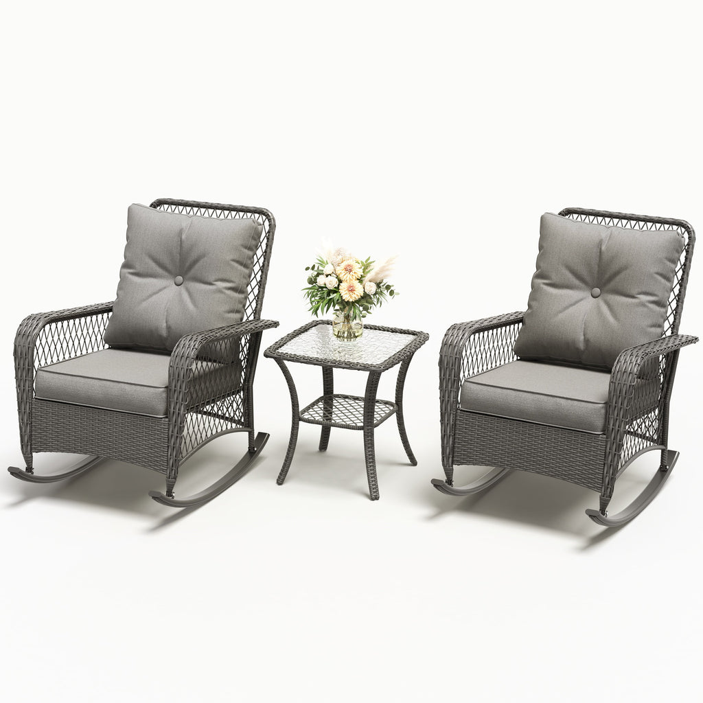 MRUAKA Outdoor Rocking Chairs Set of 3, Wicker Patio Furniture with Thickened Cushions and Table for Porch，350lbs Weight Capacity(Gray)