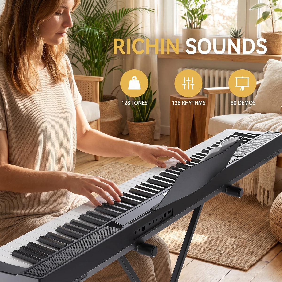 88 Key Semi-Weighted Electric Piano Keyboard with Stand, Sustain Pedal, Headphones & Carrying Case – Built-In Speakers, Bluetooth, Black