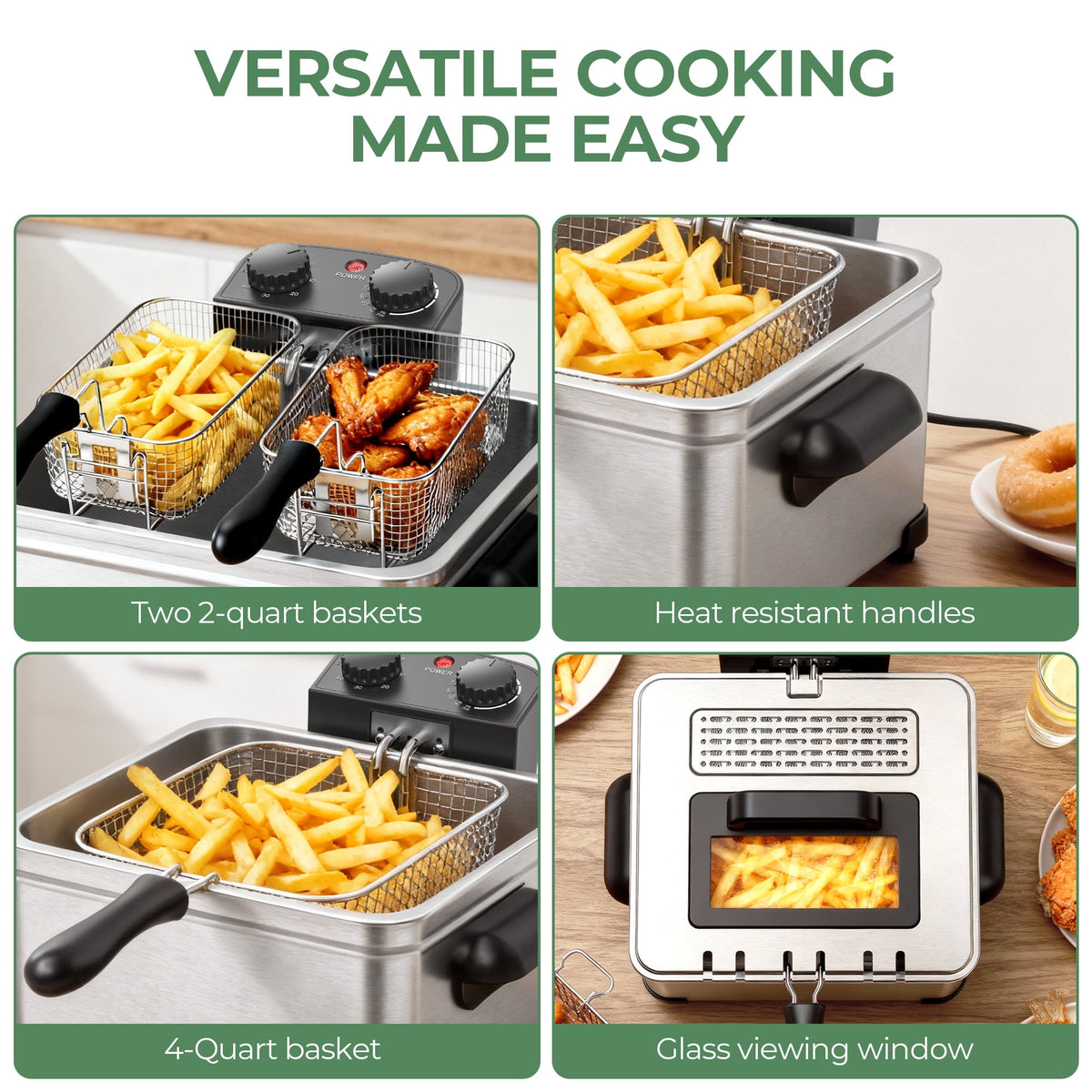 Electric Deep Fryer with 3 Fry Basket, 5.3Qt 1800W 304 Stainless Steel Deep Fryer, Adjustable Temperature Control, Viewing Window, Removable Oil Tank for Home Kitchen,Silver