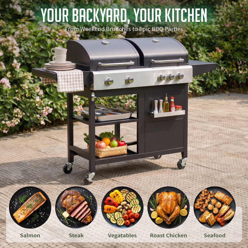 5-Burner Propane Gas Grill and Griddle Combo, 54,000 BTU Dual Fuel BBQ Grill with Side Burner for Backyard, Patio Outdoor Cooking & Entertaining