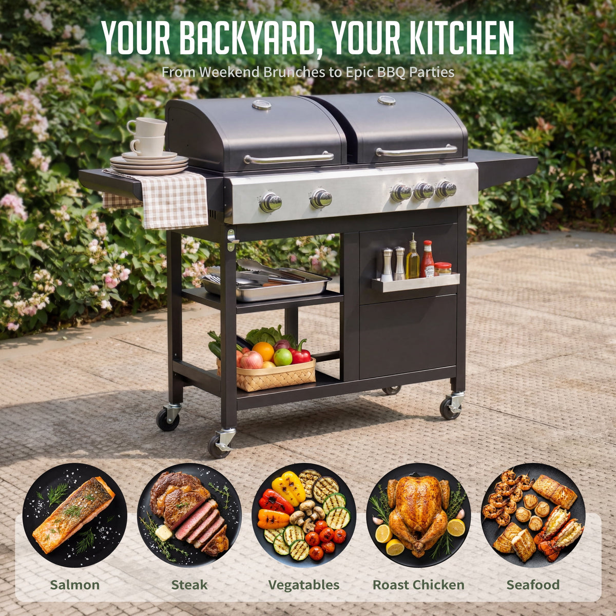 5-Burner Propane Gas Grill and Griddle Combo, 54,000 BTU Dual Fuel BBQ Grill with Side Burner for Backyard, Patio Outdoor Cooking & Entertaining