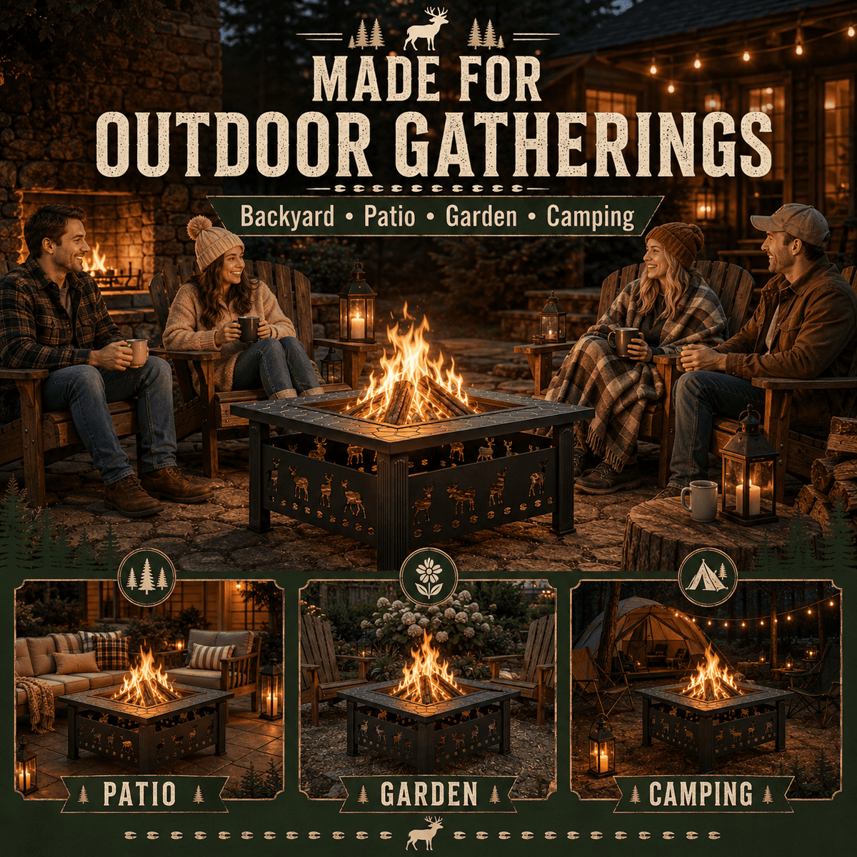 32’’ Square Fire Pit for Outdoor, Heavy-Duty Wood Burning Firepit Table with Screen Lid, Fire Poker and Elk Cutout Panels for Patio, Backyard and Garden