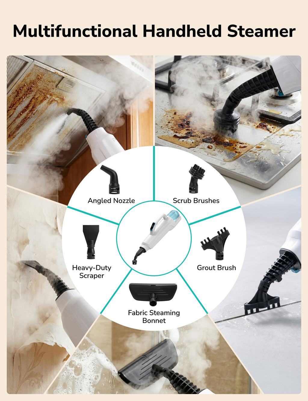 Steam Mop, 10-in-1 Steam Mop and Handheld Steamer, 15s Heat-Up, Self-Rotating Scrub Pads, 2 Steam Modes with Spray,500ML Removable Tank,LED Light,Floor Steamer for Hardwood,Tile, Carpet,Car