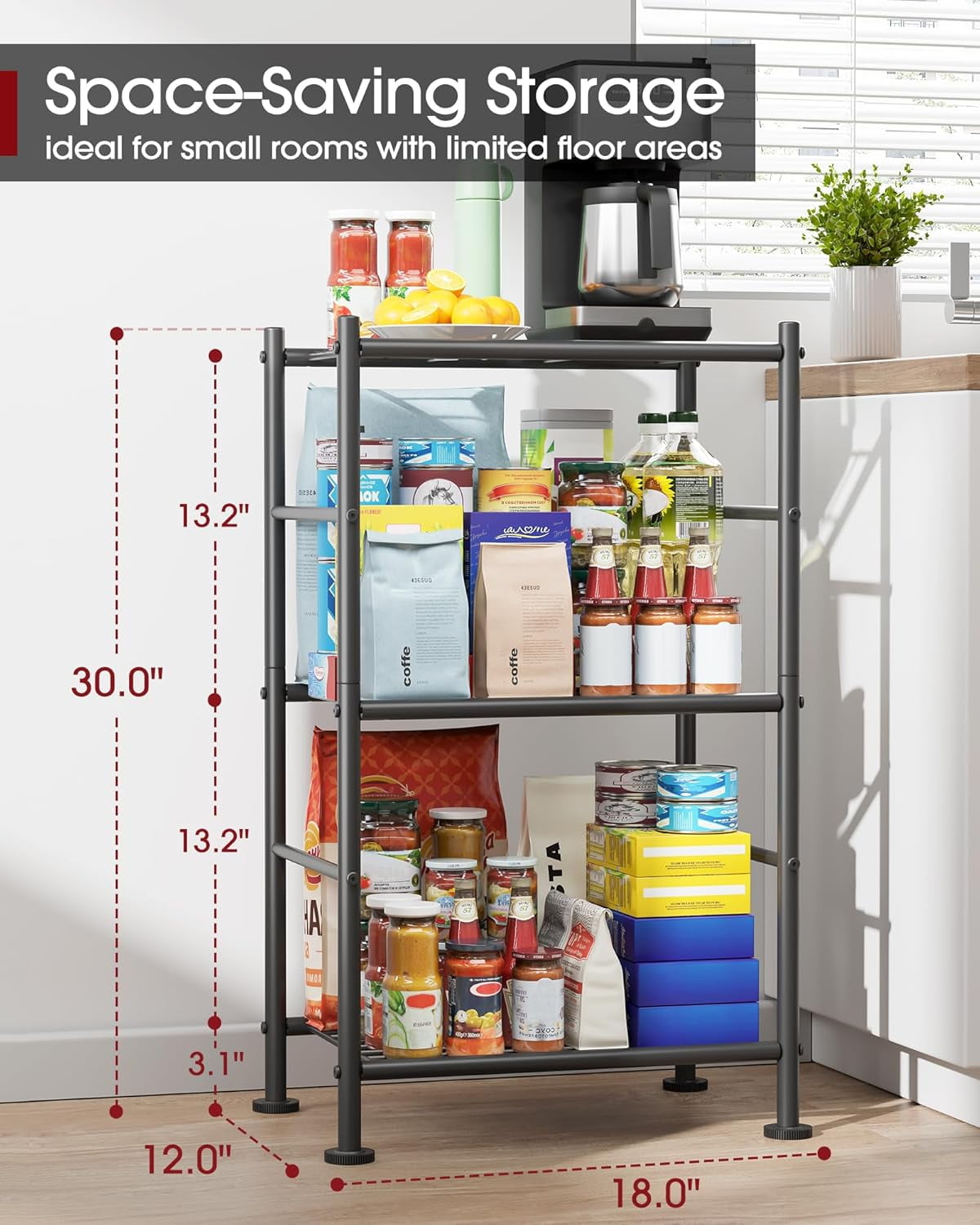 3-Tier Steel Wire Storage Rack Organizer, Compact Metal Shelving Unit for Kitchen, Garage, 15.94" L x 10.03" W x 26.77" H, Black