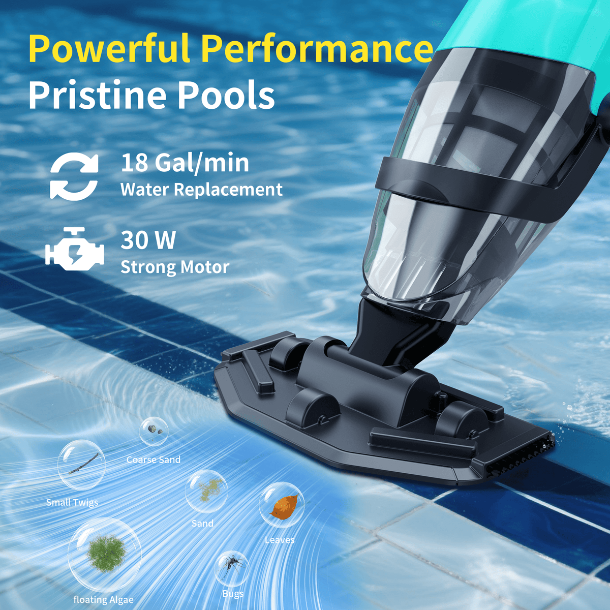 Cordless Pool Vacuum, Handheld Pool Cleaner with 90-Minute Runtime, Lightweight Design for Above Ground Pools, Hot Tubs & Spas, Green