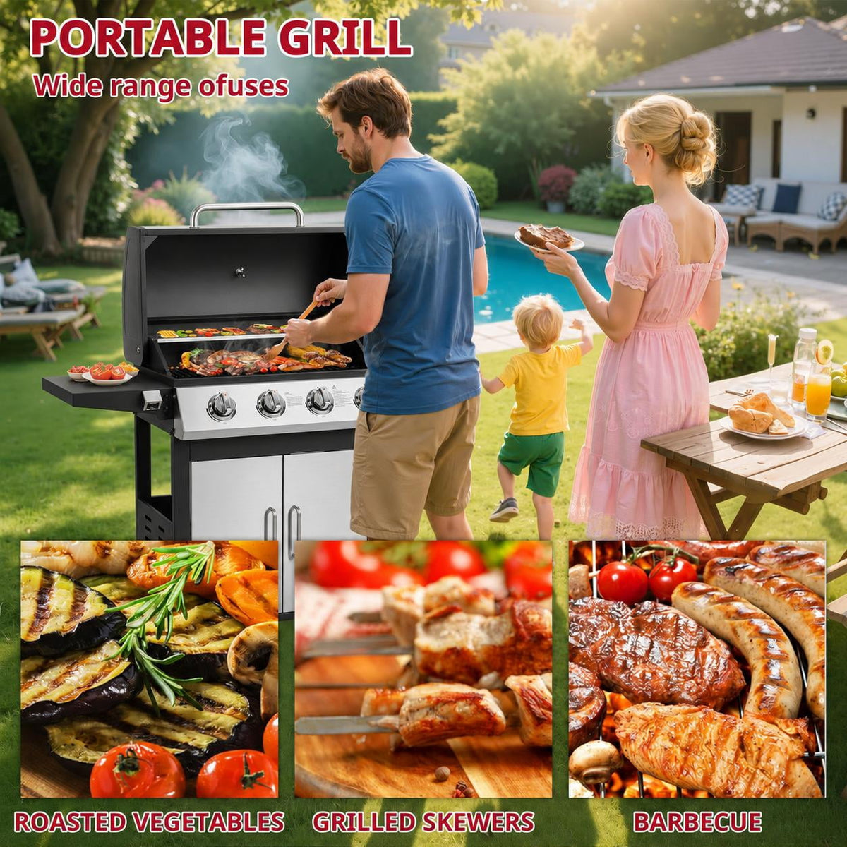 4 Burner BBQ Propane Gas Grill, Stainless Steel 40,000 BTU Patio Garden Barbecue Grill with Side Tables, Built-in Thermometer, 4 Universal Wheels for Outdoor Cooking Patio Backyard