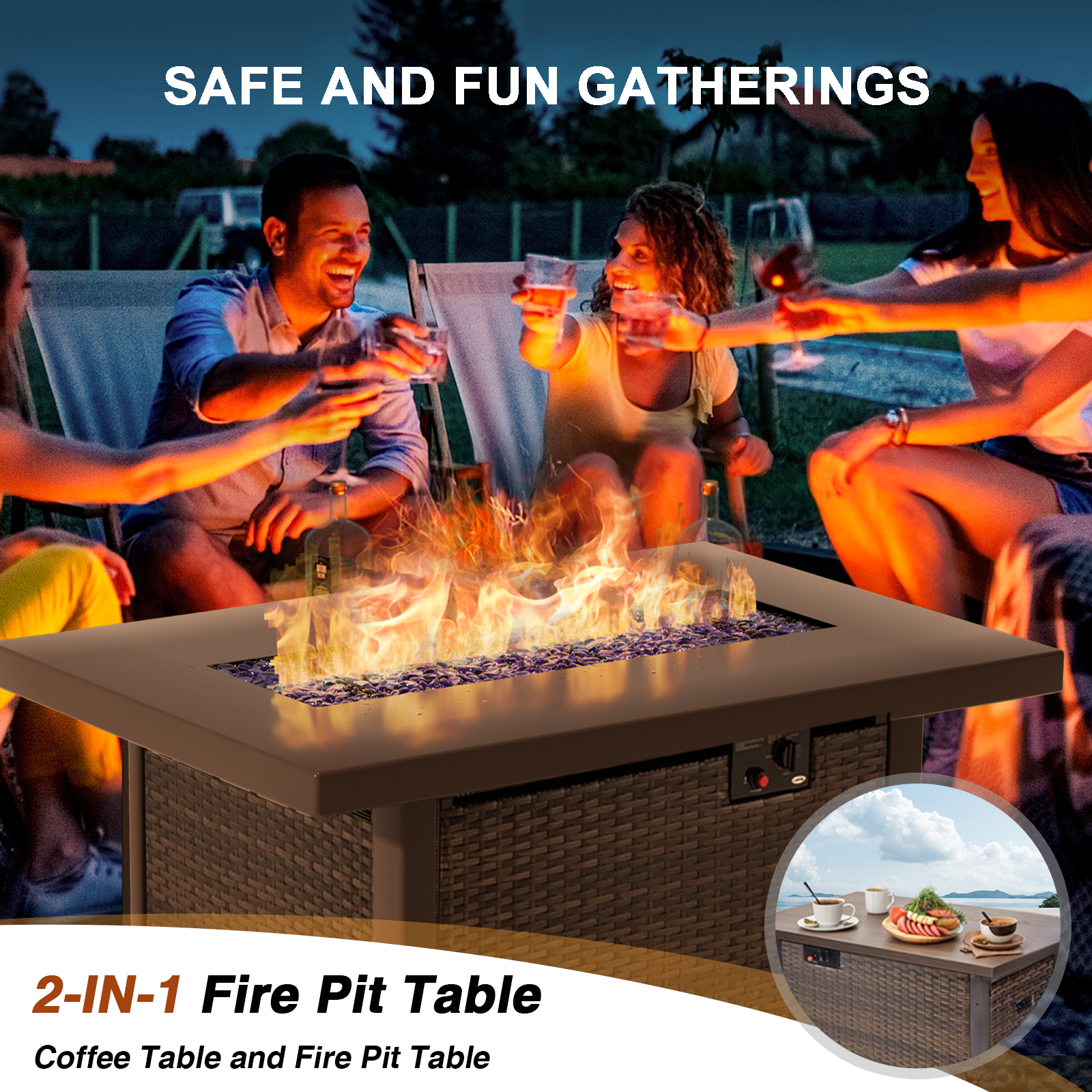 TANGJEAMER42" 55,000 BTU Outdoor Propane Fire Pit Table with Tempered Glass Beads – Hand-Woven Rattan Design with Pull-Out Drawer & Protective Lid