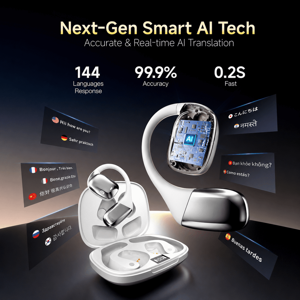 AI Translation Earbuds Real Time, Open-Ear Wireless Earbuds with 144 Languages Translator Earbuds, IPX5 Bluetooth Headphones Music & Calls for Travel, Business, gifts for woman